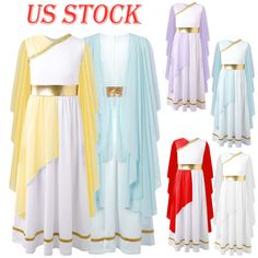 women's greek dress with gold trims and cape, all in different colors