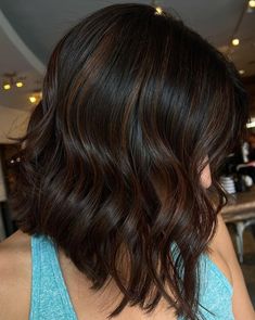 Short Dark Hair With Highlights Straight, Copper Brown Balayage On Black Hair, Babylights On Black Hair, Deep Purple Highlights, A Line Bob Hairstyles, Deep Brown Hair With Highlights, Brown Highlights On Black Hair, Dark Caramel Highlights, Black Hair With Brown Highlights