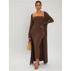 This Refined Ensemble Features A Strapless Bandeau Dress With A Sleek, Long Silhouette, Paired With A Chic, Sleeveless Shawl Coat. In Rich Brown, The Set Offers A Sophisticated And Streamlined Look That Transitions Seamlessly From Day To Night. The Dress's Long Sleeves And The Shawl's Regular Length Provide A Versatile And Graceful Layering Option. Perfect For Any Occasion Where Grace And Style Are Essential. Strapless Dress With Shawl, Strapless Bandeau, Bandeau Dress, Set Dress, Sleek, Shawl, Strapless Dress, Long Sleeve Dress, Womens Dresses