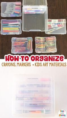 several plastic containers filled with crayons on top of a wooden table