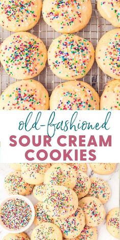 old - fashioned sour cream cookies with sprinkles are on a cooling rack