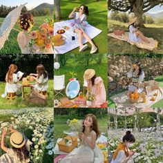 a collage of photos showing women having picnic in the park