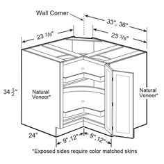 the corner wall cabinet is shown with measurements for each side and top section, along with additional