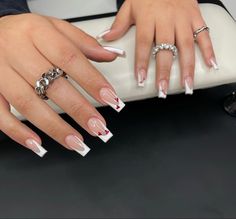 White French Tips With Pink Design, Nail Inspo Trendy French Tip, French Tip Nails Square With Design, Square French Tips With Design, Nagel Inspo Ballerina, Short Square Acrylic Nails French Tips With Design, Coffin Acrylic Nails French Tip, Acrylic Nail Designs French Tip Ideas, French Nail Designs Square