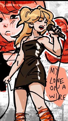 a drawing of a woman in short dress holding a microphone and talking on the phone