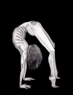 a drawing of a person doing a handstand in the dark with their head down