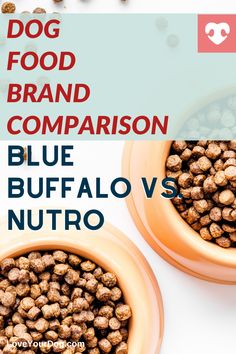 two orange bowls filled with blue buffalo and nutro dog food next to each other