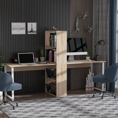 a desk with a chair, computer and laptop on it