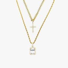 Introducing our Make A Set Pairs - Layer up with these best selling 2 Chains + 2 Pendants for up to 60% Off! Upgrade your fit without breaking the bank 💸
This product is guaranteed for life – GLD will repair or replace the item should you experience any defects in craftsmanship or breakage.
  
Set Includes
     - (1) 3mm Micro Cuban Necklace
     - (1) 2mm Rope Necklace
     - (1) Diamond Cross Micro Pendant
     - (1) Diamond Stone Pendant
Specifications
Micro Cuban Necklace 
       -Weight: 7-10 grams (varies between sizes)
       -Width: 3mm
Rope Necklace 
       -Weight: 5-8 grams (varies between sizes)
       -Width: 2mm
Diamond Cross Micro Pendant
      -Weight: 2.5 grams
      -Width x Height: 0.5" x 0.65" 
Diamond Stone Pendant
      -Weight: 2.5 grams
      -Width x Height: 1/4" Cuban Necklace, Diamond Cross, Vermeil Jewelry, Custom Earrings, Rope Necklace, Pendant Bracelet, Drop Necklace, Stone Pendant, The Bank