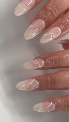 Pink Chrome Nails With Gems, Winter Formal Nail Ideas, Summer Nails With Gems, Acrylic Nails Gems, Business Nails Classy, Almond Nails With Gems, Nude Nail Art Designs, Nude Nail Art, Grad Nails