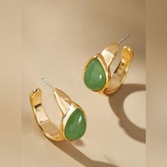 Anthropologie Stone - Inset Hoop Earring Size 1” Chic Green Hoop Jewelry, Anthropologie Jewelry, Anthropologie, Jewelry Earrings, Hoop Earrings, Women Jewelry, Stone, Green, Gold