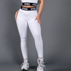 Stax White Leggings Small Mark High Waist Fitted Leggings For Streetwear, High Waist Tight Leggings For Streetwear, Tight High Waist Leggings For Streetwear, Trendy Fitted White Leggings, Trendy White Tight Leggings, Trendy Tight White Leggings, High Waist Stretch Leggings For Streetwear, Trendy White Stretch Bottoms, Spring Streetwear Stretch Leggings