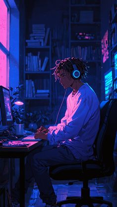 a man sitting in front of a computer with headphones on