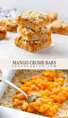 mango crumb bars are stacked on top of each other and ready to be eaten