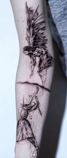 a person with a tattoo on their arm that has an image of a bird flying