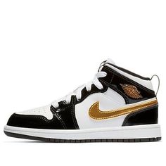 Nike Air Jordan 1 Mid Patent PS 'Black Gold' Black/Metallic Gold-White BQ6932-007 Black And Gold Nike Shoes Air Jordans, Jordan 1 Gold, Tenis Nike Jordan, Jordan High Heels, Gold Nike Shoes, Chloe 2024, Tenis Jordan, Retro Basketball Shoes, Nike Air Jordan 1 Mid