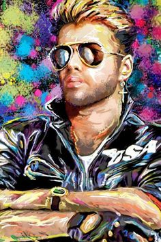 a painting of a man with sunglasses on his face and arms crossed in front of colorful paint