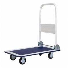 a blue and white hand truck with wheels