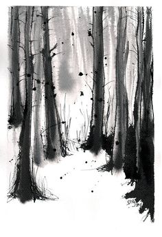 a black and white drawing of trees in the snow