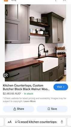 a kitchen with gray cabinets and wood countertops on the bottom right corner is an instagram post