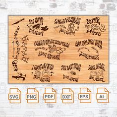 a wooden cutting board with different types of writing on it