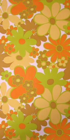 an orange and green flowered wallpaper with brown, white, and yellow flowers