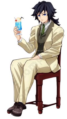 an anime character sitting in a chair holding a drink