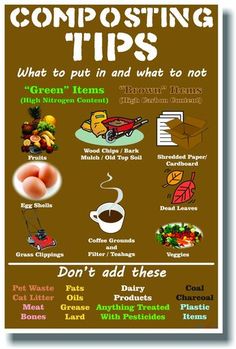 a poster with the words composting tips on it and pictures of food items