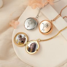 The Locket Necklace Personalized - Engraved Birth Flowers Locket - Photo Necklace with Engraving is a beautiful and elegant piece of jewelry. Handmade with attention to detail, this locket allows you to carry your most precious photos, memories, and other treasures close to your heart. The locket can be personalized with the birth flower of your choice beautifully engraved on the front and customized text on the back, adding a unique something to this special gift. Simple flowers creating a uniq Elegant Customizable Locket Necklace Gift, Engraved Metal Locket Necklace For Keepsake, Personalized Adjustable Round Locket Necklace, Elegant Personalized Adjustable Locket Necklace, Gold-tone Gold Plated Locket Necklace Gift, Photo Locket Necklace, Cross Chain, Sunflower Necklace, Photo Necklace