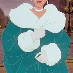 an animated woman in a green dress and white gloves with her hands on her hips