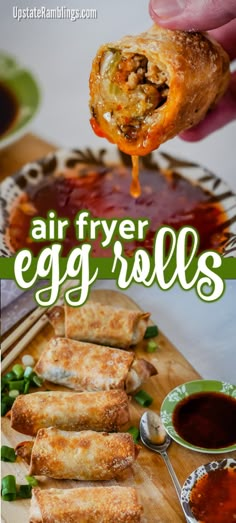 an egg roll is being lifted from the air by a hand with dipping sauce on it