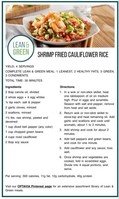 the flyer for lean green shrimp fried cauliflower rice, which includes vegetables and other ingredients