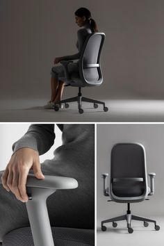 a person sitting in an office chair with their hand on the back of the chair