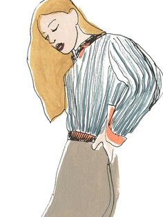 a drawing of a woman with her hands on her hips wearing a striped shirt and skirt