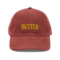 Everything's better with BUTTER 🧈 The Butter hat is embroidered on our high quality, 100% cotton corduroy hat with adjustable metal clasp. Polychrome Goods 🍊 Original Designs ☆ 100% Cotton Twill ☆ Adjustable Strap with Metal Clasp ☆ One Size Fits All Leopard Shark, Plus Size Belts, Best Butter, Navy And Brown, Vintage Candles, Backpack Travel Bag, Men's Grooming, Head Circumference, Hats Vintage