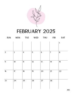 a calendar for the month of february with a plant on it, in pink and black