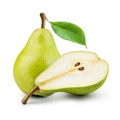 two green pears with one cut in half and the other whole on white background