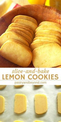 sliced and bake lemon cookies in a wooden bowl on top of a baking sheet