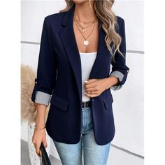 Elevate Your Style With Our Navy Blue Striped Blazer, Designed To Bring An Elegant Touch To Your Wardrobe. This Chic Blazer Features A Deep Navy Blue Color With A Sophisticated Striped Pattern, Adding A Refined And Contemporary Edge To Any Outfit. The Blazer Is Crafted With A Classic Lapel Neckline And A Single-Button Placket, Creating A Polished And Tailored Look. Long Sleeves With A Roll-Up Sleeve Design Offer Versatility, While The Regular Fit Ensures Comfort And Ease Of Movement. Made From M Navy Long Blazer Outfit, Blazers With Jeans Womens, Blazers With Sneakers, Navy Blazer Outfit Women Casual, Jeans And Blazer Outfit Classy, Navy Blazer Outfit Women, Blue Blazer Outfits For Women, Navy Blazer Outfits, Fall Patio