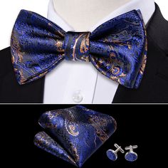 Blue Brown Paisley Silk Self Tie Bow Tie Hanky Cufflinks Set Dapper Blue Tie For Gift, Dapper Blue Tie Suitable For Gift, Dapper Blue Tie As Gift, Elegant Blue Suit And Tie Accessories For Father's Day, Blue Cufflinks For Father's Day Formal Wear, Blue Cufflinks For Father's Day Formal Occasion, Blue Cufflinks For Father's Day Formal Events, Blue Standard Bow Tie For Father's Day, Blue Bow Tie For Father's Day