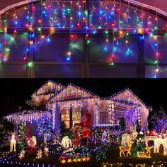 christmas lights on houses and trees in front of a house