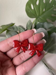 Red glitter bow hoops Christmas polymer clay earrings handmade lightweight statement earrings hypoallergenic Cute Glitter Jewelry Gift, Glitter Red Earrings For Gifts, Red Glitter Earrings For Gift, Christmas Polymer Clay Earrings, Christmas Polymer Clay, Earrings Hypoallergenic, Faith Art, Glitter Bow, Red Clay