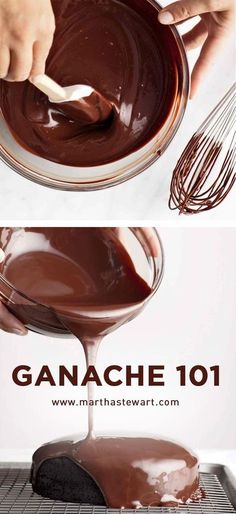 chocolate ganache is being poured into a glass bowl