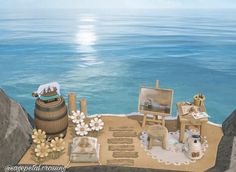 an artist's rendering of a beach scene with flowers and other items on the sand