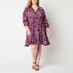 Elevate your dress rotation with this on-trend boho empire waist style from the Frye and Co. women's plus collection. Made from a floral-print fabric, pullover dress has a split crew neck, 3/4 puffed sleeves and a flowy skirt. Wear it with ankle boots. Features: Lace TrimClosure Type: Pullover HeadNeckline: Split Tie NeckSleeve Length: 3/4 SleeveApparel Length: 38 InchesDress Length: Short LengthFiber Content: 100% RayonFabric Description: WovenCare: Machine Wash, Tumble DryCountry of Origin: Im Floral Print Flowy Dress With 3/4 Sleeves, Empire Waist Dresses, Empire Waist Maternity Dress, Nursing Friendly, Pink Floral Print Dress With 3/4 Sleeves, Spring Empire Waist V-neck Dress, Spring V-neck Floral Print Maternity Dress, Floral Print Fabric, Empire Dress, Empire Waist Dress