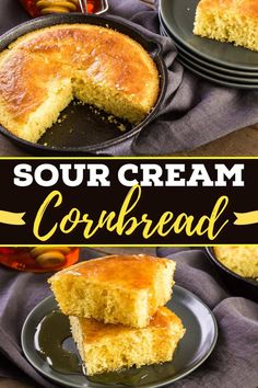 two pieces of cornbread on plates with the words sour cream cornbread over them