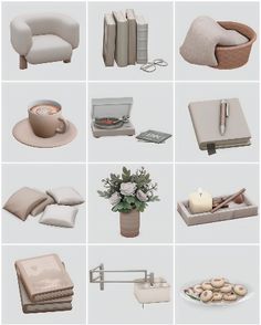 several different types of furniture and accessories arranged in squares on a white background with text overlay