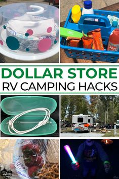 collage of rv camping hacks with text that reads dollar store rv camping hacks