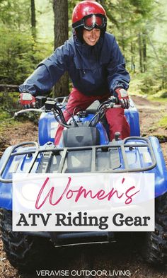 a woman riding an atv in the woods