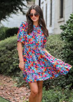 Radiant Romance Blue Floral Mini Dress Colorful Floral Print Spring Dresses, Vibrant Multicolor Floral Dress For Garden Party, Multicolor Floral Dress With Vibrant Print For Garden Party, Colorful Floral Print Dress For Garden Party, Vibrant Spring Dresses With Multicolor Print, Vibrant Multicolor Print Dress For Spring, Vibrant Multicolor Floral Print Dresses, Colorful Floral Print Short Sleeve Dress, Floral Print Multicolor Dress For Garden Party